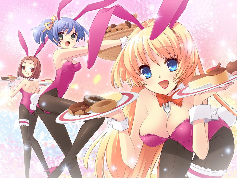 3girls, animal ears, ass, blonde hair, blue eyes, blue hair, breasts, cake, cleavage, donut, fake animal ears, female focus, food, gradient background, lipstick, makeup, multiple girls, pantyhose, playboy bunny, rabbit ears