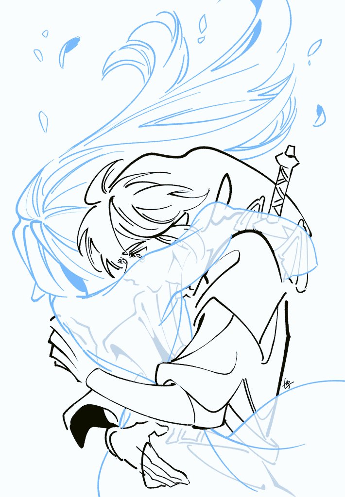 seza game, link, princess zelda, nintendo, the legend of zelda, the legend of zelda: skyward sword, 1boy, 1girl, arms around neck, couple, crying, falling petals, hetero, hug, long hair, monochrome, petals, phrygian cap, pointy ears, short hair, sidelocks, spirit, sword, sword on back, tears, upper body, weapon, weapon on back, white background