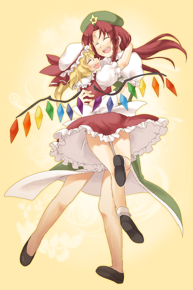 kuruma (rk), flandre scarlet, hong meiling, embodiment of scarlet devil, touhou, 2girls, blonde hair, braid, closed eyes, fang, female focus, full body, gradient background, hat, hug, long hair, multiple girls, red hair, short hair, skirt, twin braids, wings