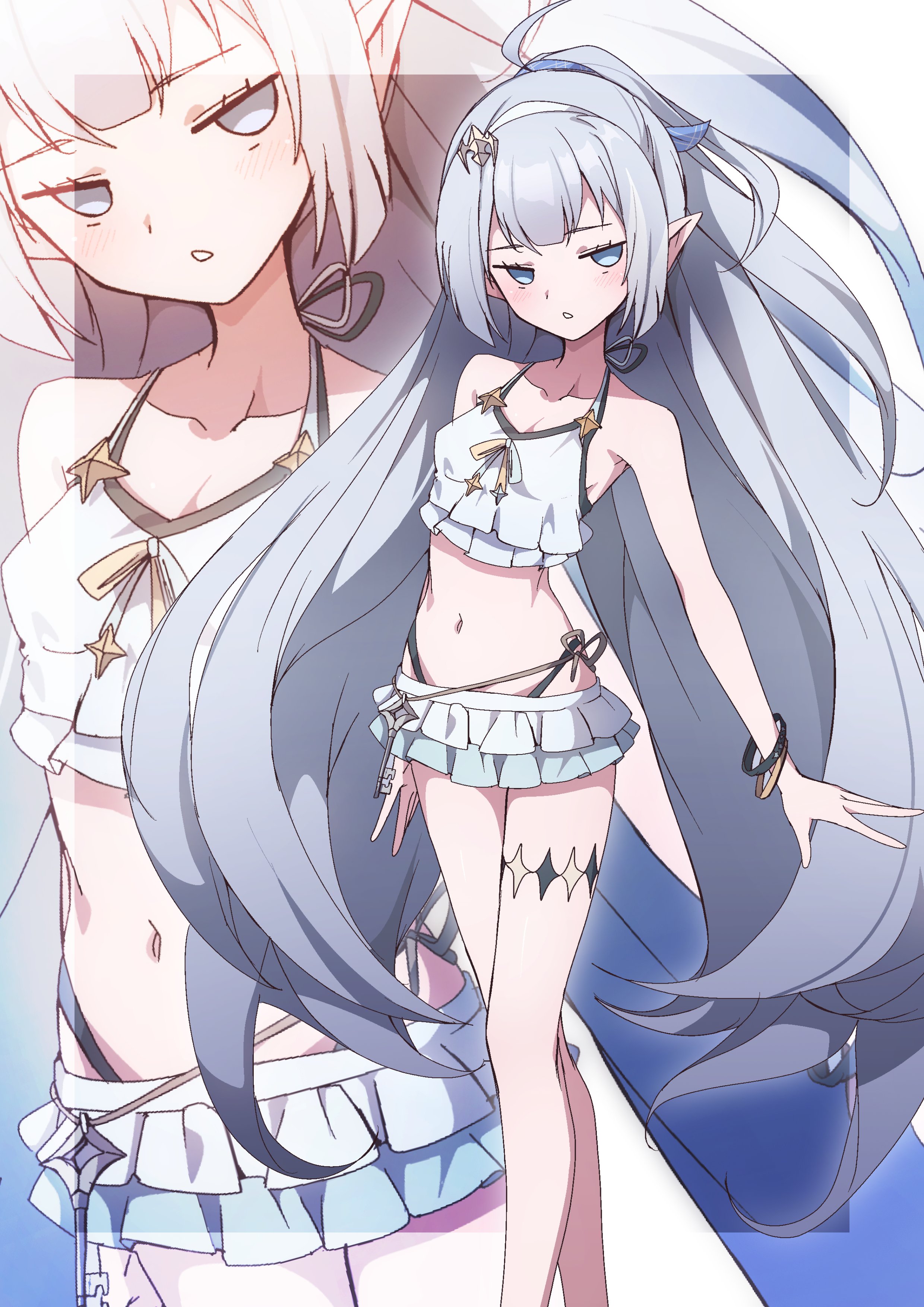 to (tototo tk), female tyrant (stella sora), tyrant (stella sora), stella sora, absurdres, highres, 1girl, ahoge, bikini, bikini skirt, black bikini, blue eyes, bracelet, breasts, collarbone, frilled bikini, frills, grey hair, hairband, jewelry, long hair, looking at viewer, medium breasts, navel, pointy ears, solo, stomach, swimsuit, very long hair, white hairband, zoom layer