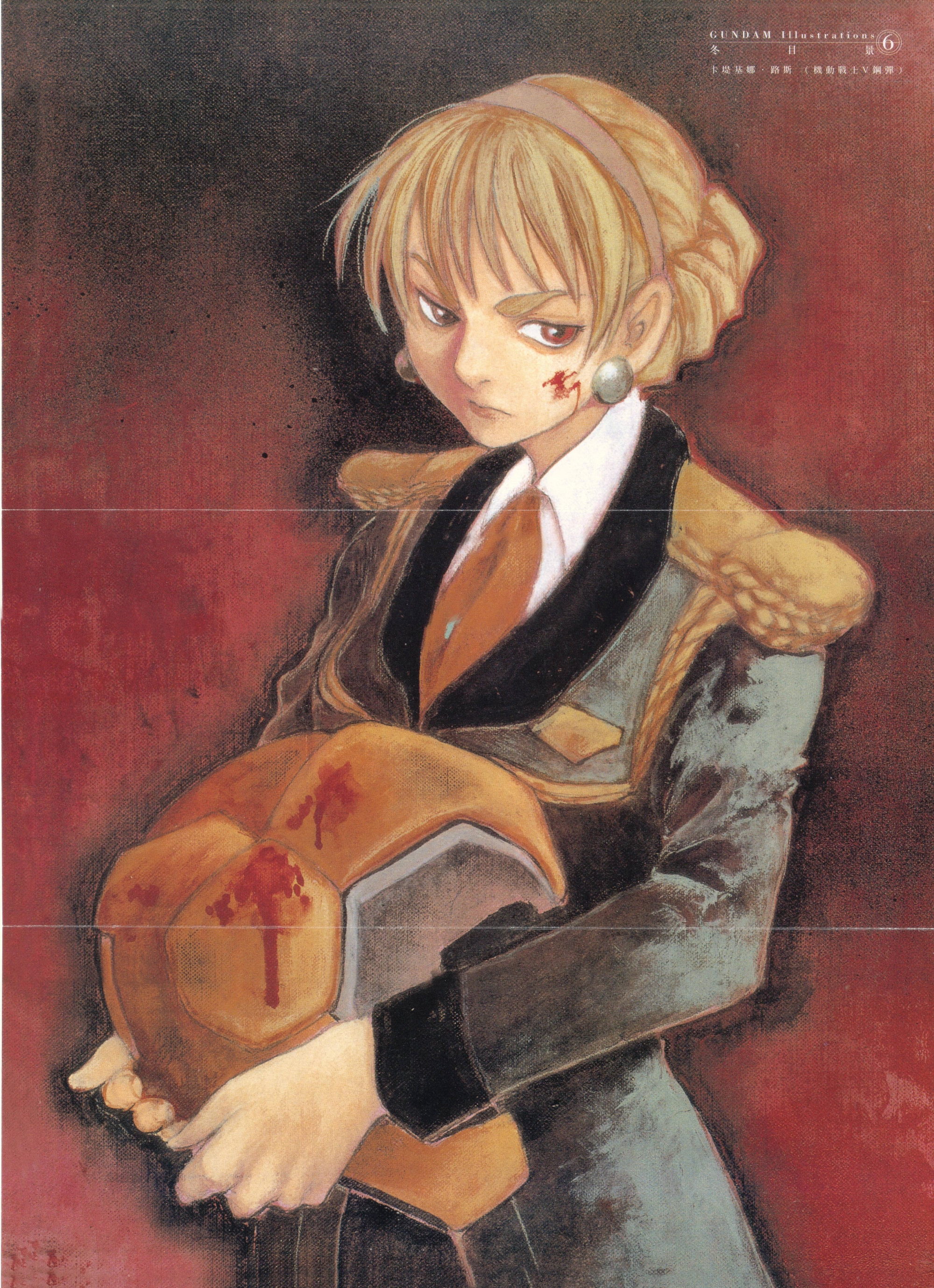 katejina loos, gundam, victory gundam, absurdres, artist request, highres, official art, painting (medium), promotional art, scan, traditional media, 1990s (style), 1girl, blonde hair, blood, brown eyes, earrings, evil eyes, hairband, helmet, holding, holding unworn helmet, jewelry, military uniform, necktie, poster (medium), retro artstyle, science fiction, unworn headwear, unworn helmet, zanscare
