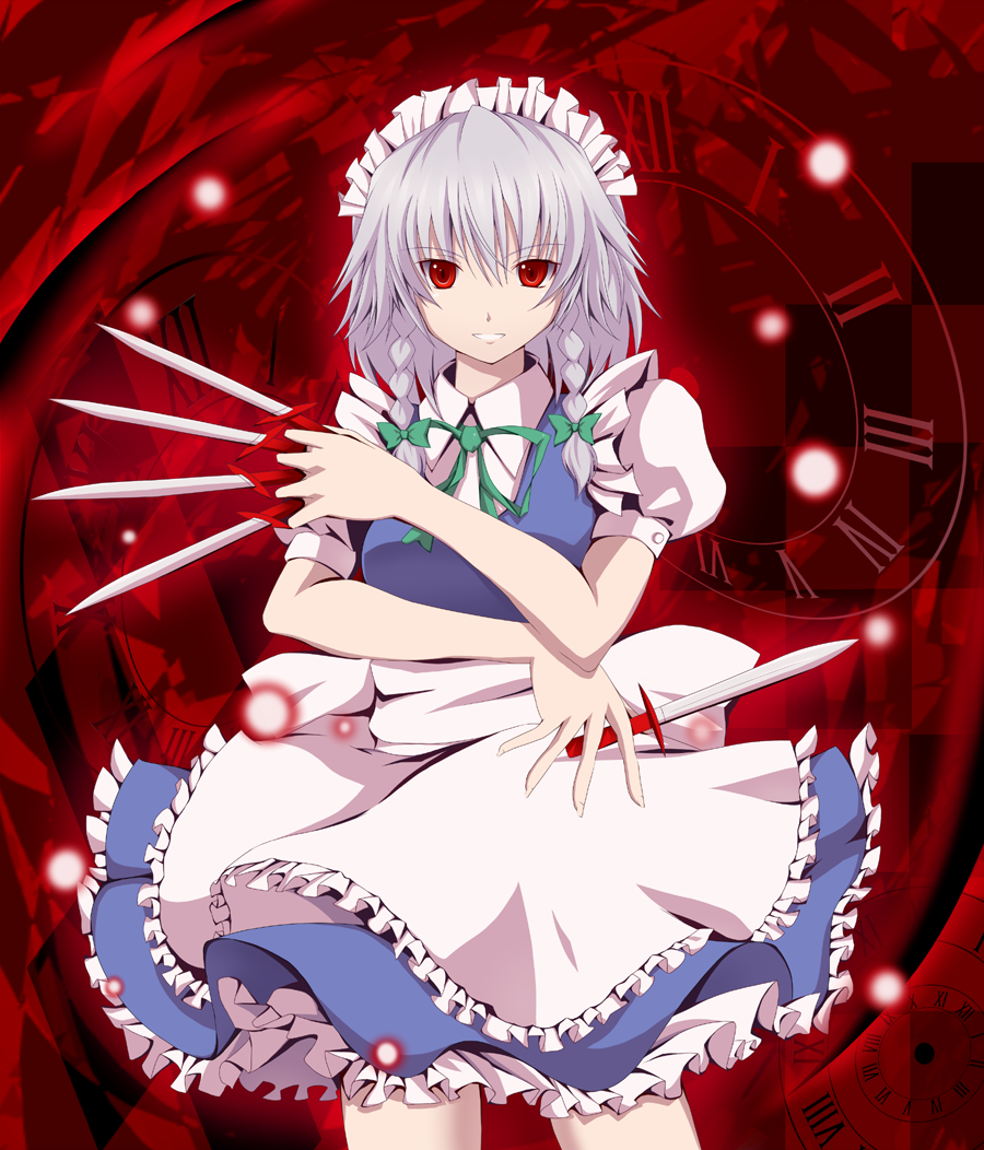 yuurakudou kurono, izayoi sakuya, touhou, silver hair, bad id, bad pixiv id, 1girl, braid, dress, female focus, hairband, knife, maid, red eyes, short hair, solo, twin braids