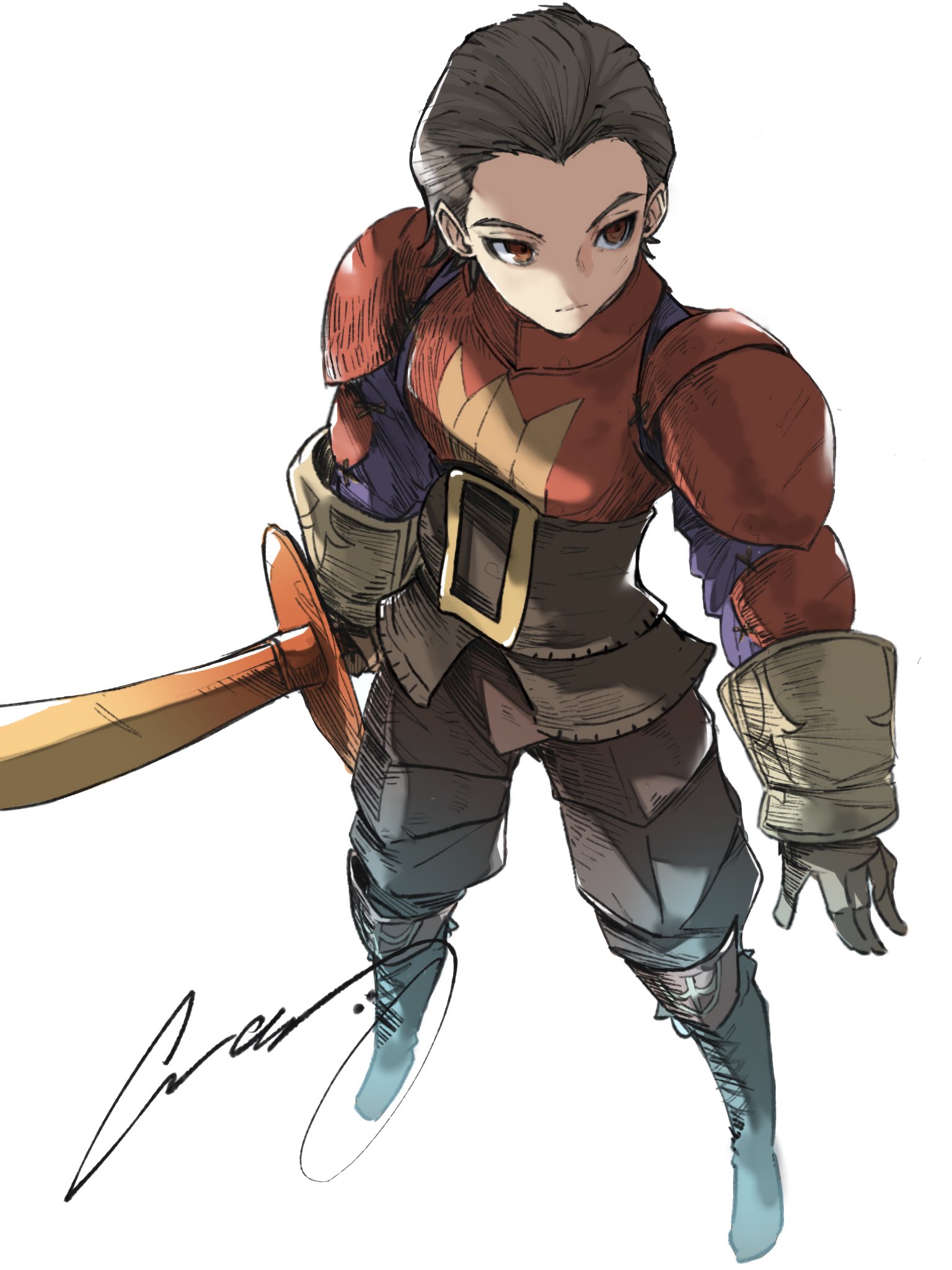 crazy02oekaki, delita heiral, final fantasy, final fantasy tactics, highres, 1boy, armor, black boots, black hair, boots, brown eyes, closed mouth, from above, full body, gloves, grey gloves, hair slicked back, holding, holding sword, holding weapon, male focus, shoulder armor, signature, solo, sword, vambraces, weapon, white background, wide belt