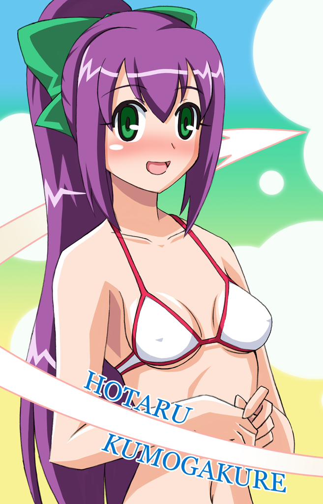 kumogakure hotaru, kage kara mamoru!, multicolored background, artist request, 1girl, bikini, blush, breasts, collarbone, covered erect nipples, female focus, green eyes, hair ribbon, long hair, looking at viewer, navel, open mouth, ponytail, purple hair, ribbon, small breasts, smile, solo, standing, swimsuit, upper body, white bikini