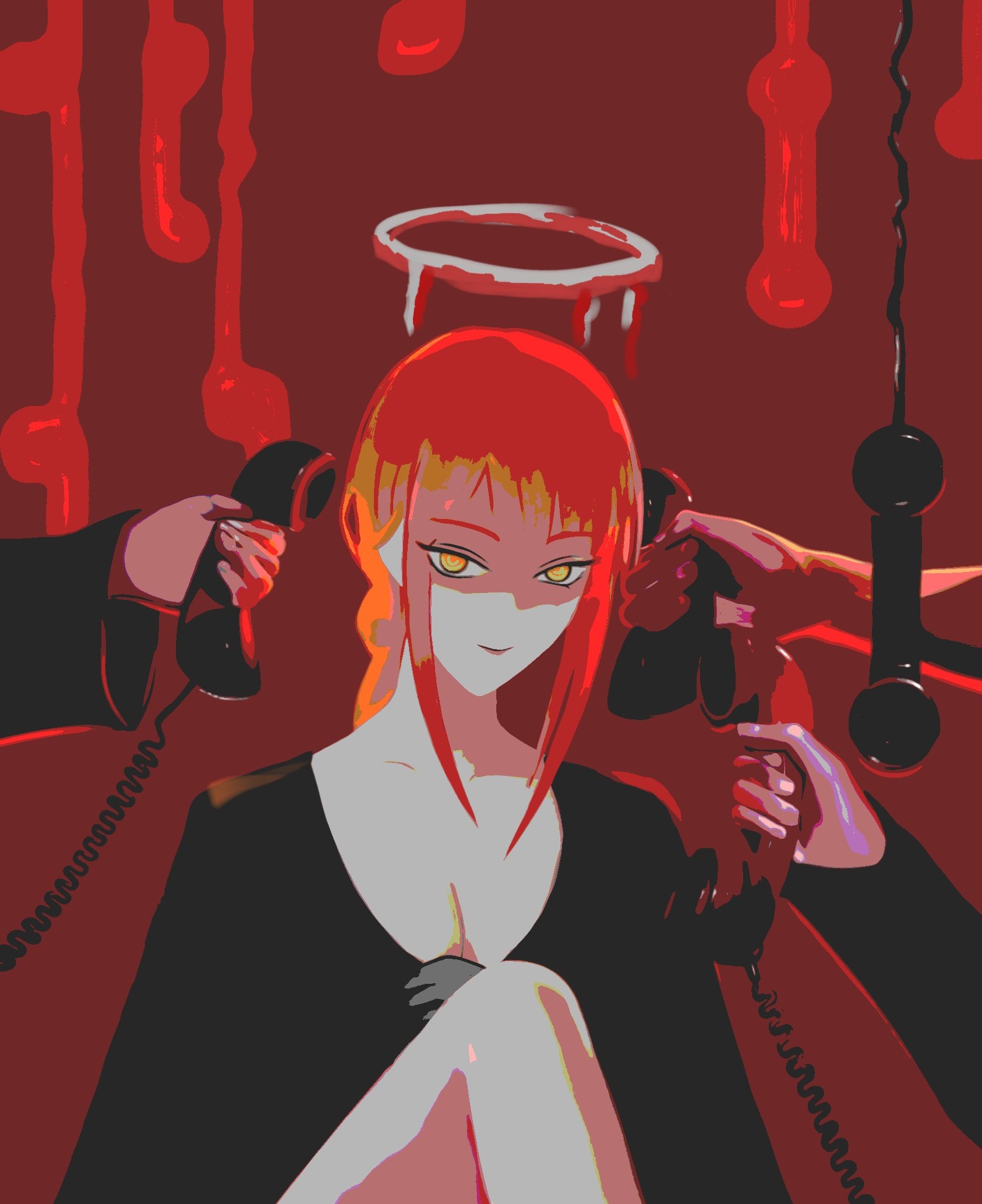 makima (chainsaw man), chainsaw man, highres, 1girl, 3others, black shirt, breasts, cleavage, corded phone, halo, holding, holding phone, long hair, looking at viewer, multiple others, pcharlesart, phone, red background, red hair, red halo, ringed eyes, shirt, sidelocks, yellow eyes