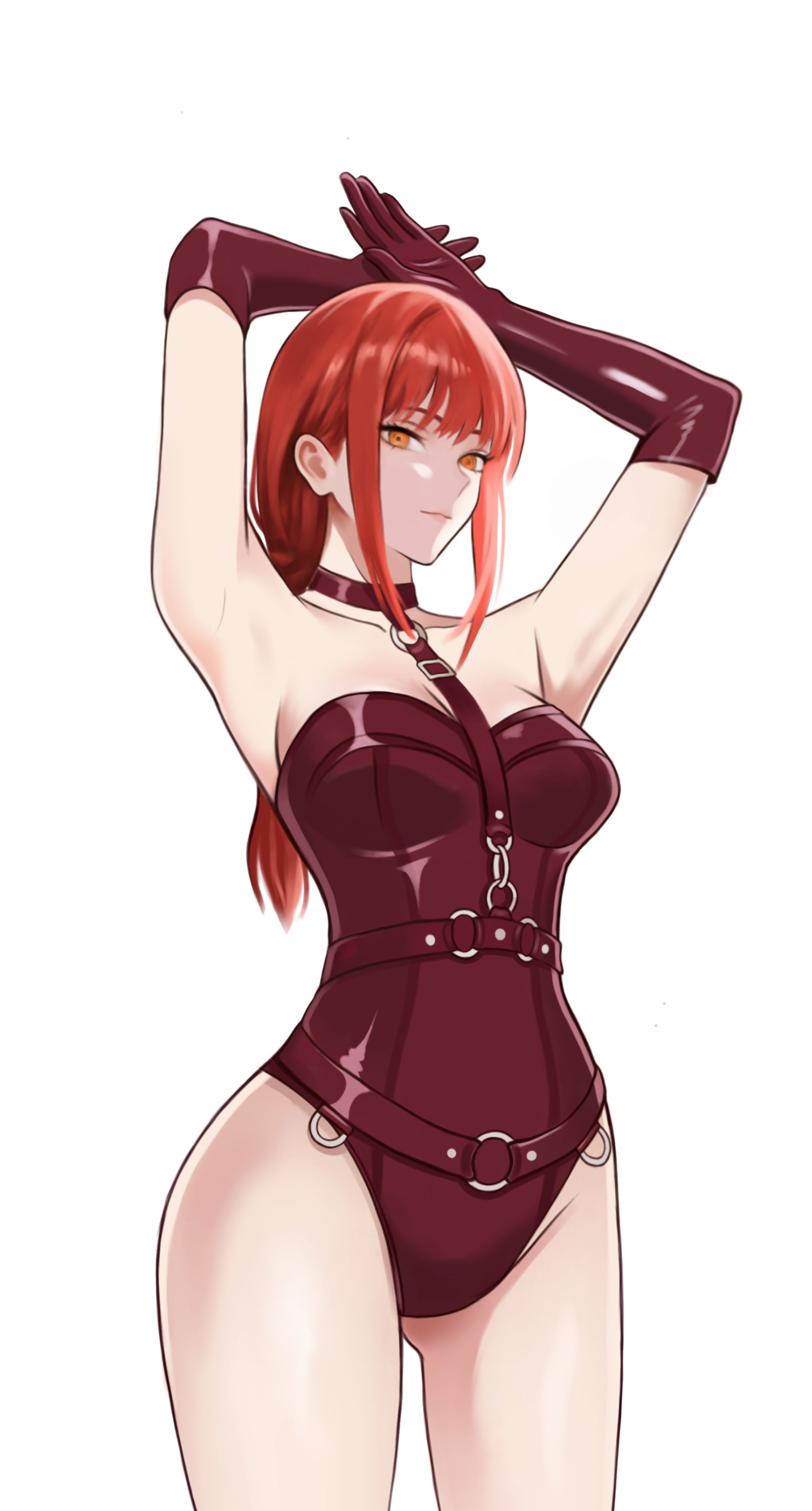 makima (chainsaw man), chainsaw man, absurdres, highres, 1girl, alternate costume, arms up, breasts, closed mouth, elbow gloves, gloves, highleg, highleg leotard, large breasts, leotard, long hair, pcharlesart, purple gloves, purple leotard, red hair, sidelocks, simple background, solo, white background, yellow eyes