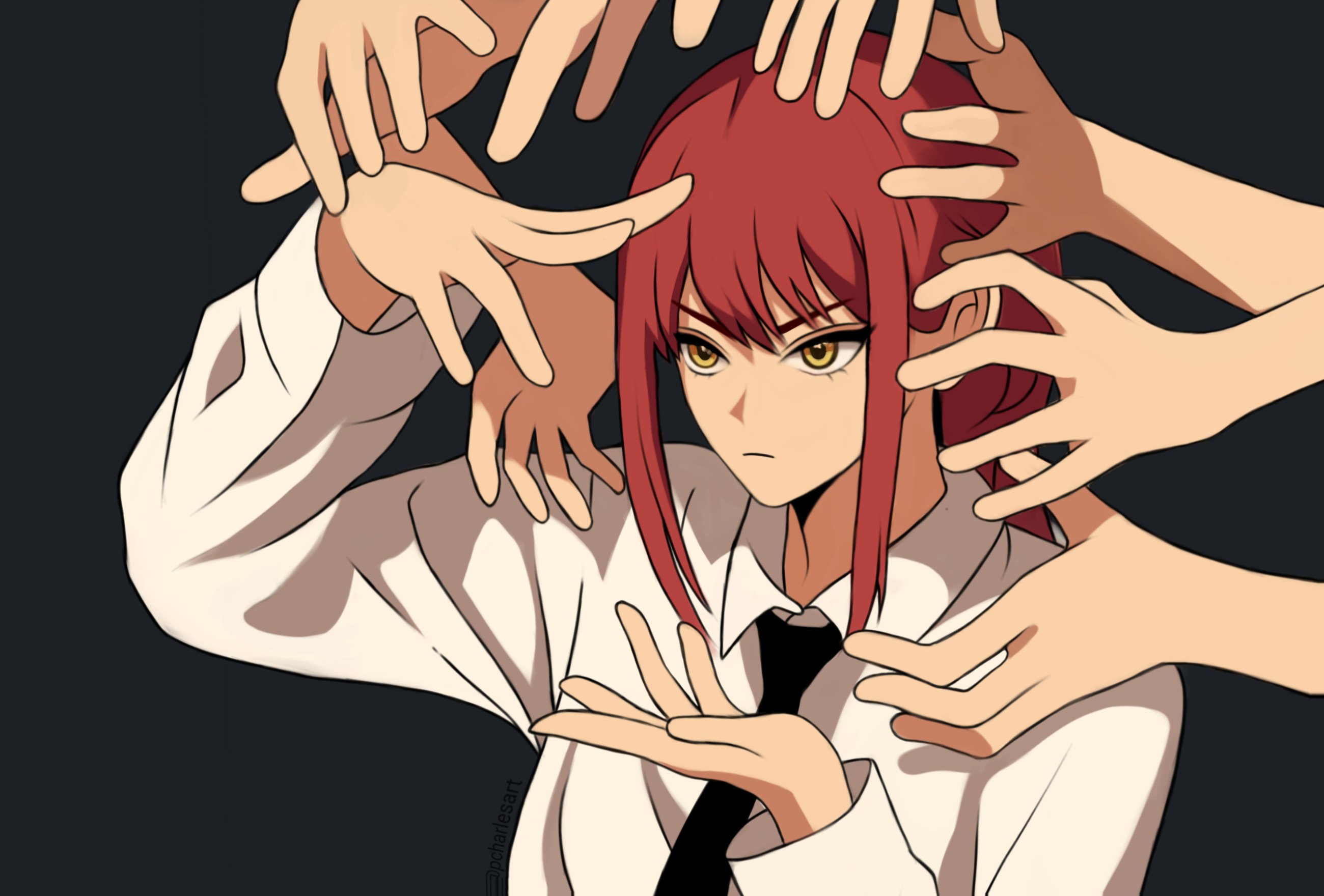 makima (chainsaw man), chainsaw man, highres, 1girl, black background, black necktie, closed mouth, collared shirt, long sleeves, multiple others, necktie, pcharlesart, red hair, shirt, sidelocks, white shirt, yellow eyes