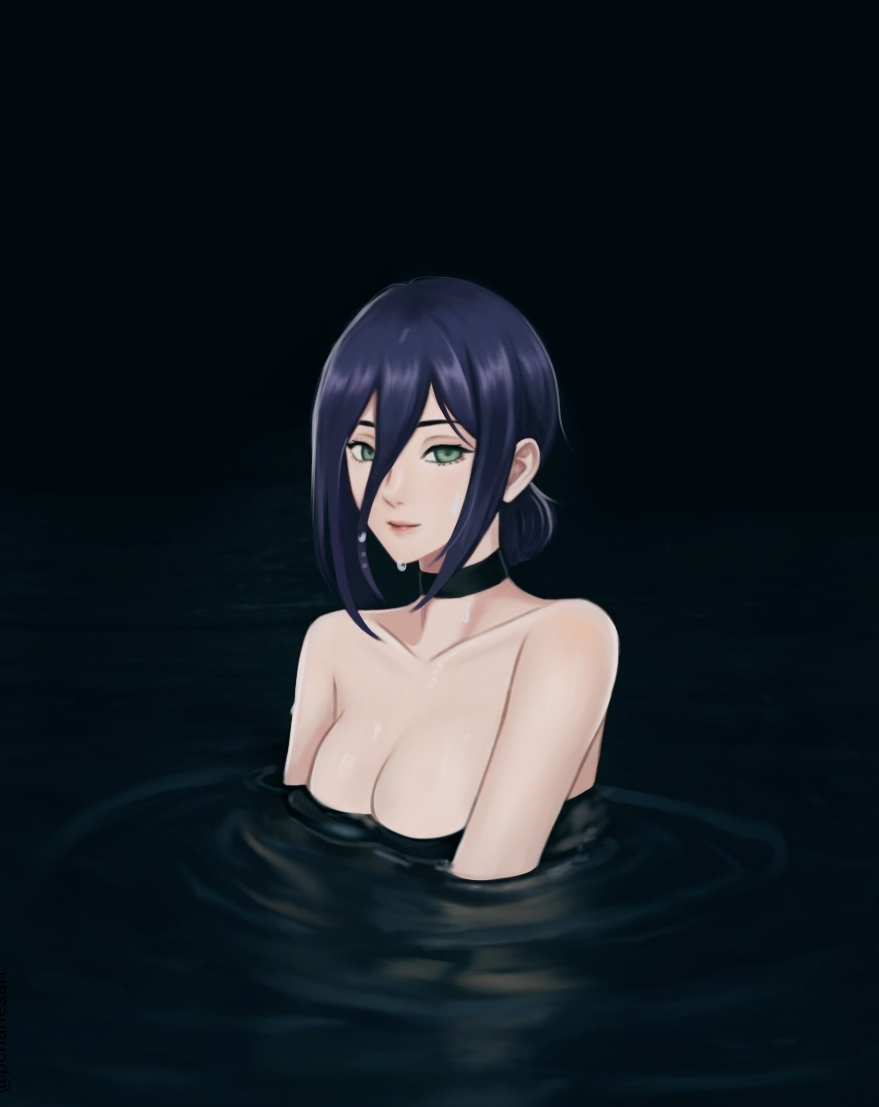 reze (chainsaw man), chainsaw man, highres, 1girl, black choker, blue hair, breasts, choker, green eyes, hair between eyes, hair bun, long hair between eyes, looking at viewer, medium breasts, partially submerged, pcharlesart, solo, water, wet