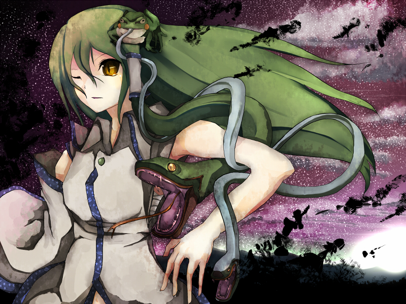 tokoroten (hmmuk), kochiya sanae, touhou, bad id, bad pixiv id, 1girl, detached sleeves, female focus, frog, green hair, long hair, one eye closed, short hair, snake, solo, wink, yellow eyes
