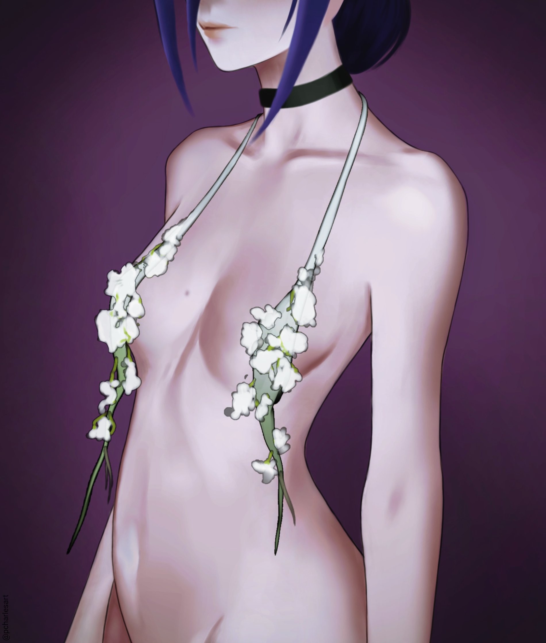 reze (chainsaw man), chainsaw man, highres, 1girl, black choker, breasts, choker, closed mouth, flower, head out of frame, navel, nude, pcharlesart, purple background, purple hair, small breasts, solo, white flower