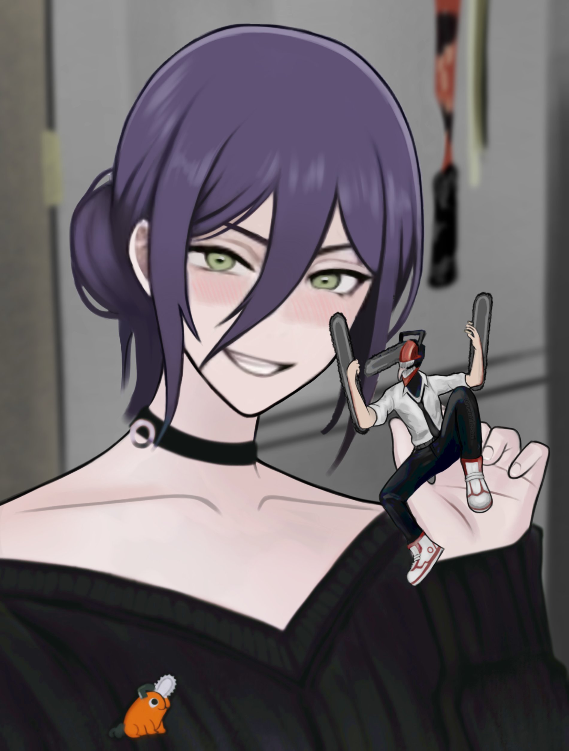 denji (chainsaw man), pochita (chainsaw man), reze (chainsaw man), chainsaw man, absurdres, highres, 1girl, black choker, black sweater, character doll, choker, doll, green eyes, grenade pin, grin, hair between eyes, hair bun, holding, holding doll, looking at viewer, pcharlesart, purple hair, smile, solo, sweater, teeth