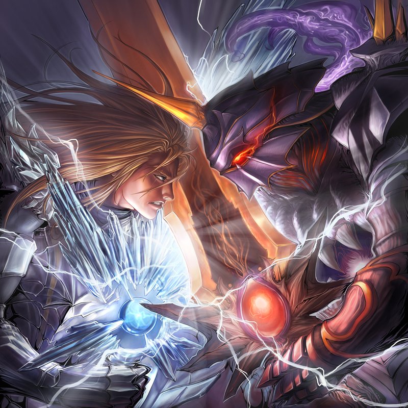 chrisnfy85, nightmare (soulcalibur), siegfried schtauffen, soul calibur, soulcalibur iv, 2boys, armor, battle, blonde hair, epic, eyeball, glowing, long hair, male focus, manly, multiple boys, scar, soul calibur (weapon), soul edge (weapon), sword, weapon