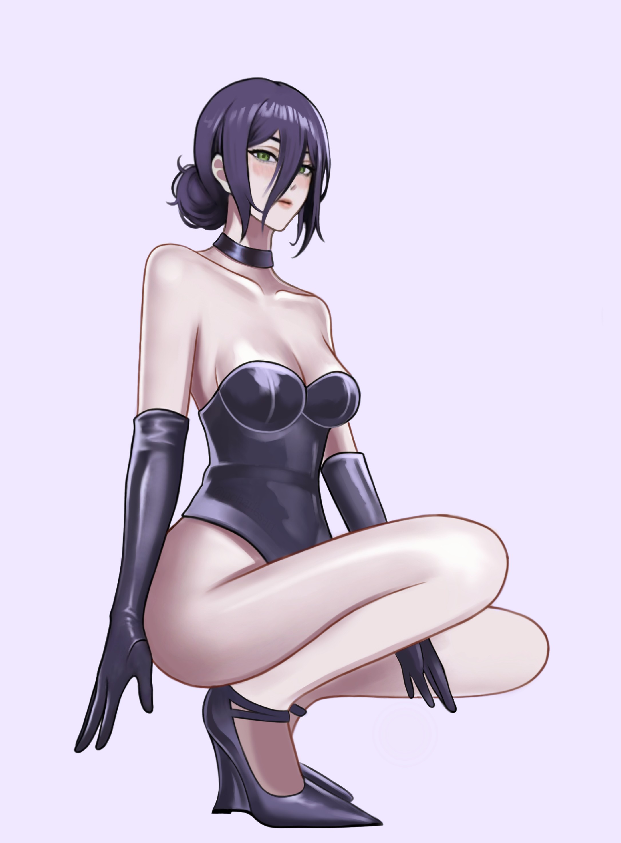reze (chainsaw man), chainsaw man, absurdres, highres, 1girl, black choker, black gloves, black leotard, breasts, choker, closed mouth, elbow gloves, gloves, green eyes, hair between eyes, hair bun, high heels, highleg, highleg leotard, leotard, medium breasts, pcharlesart, purple background, purple hair, solo, squatting, strapless, strapless leotard