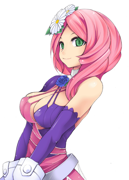 shachi kamaboko, alisa boskonovich, namco, tekken, 1girl, bare shoulders, breasts, cleavage, elbow gloves, female focus, flower, gloves, green eyes, hair flower, hair ornament, large breasts, long hair, pink hair, simple background, smile, solo