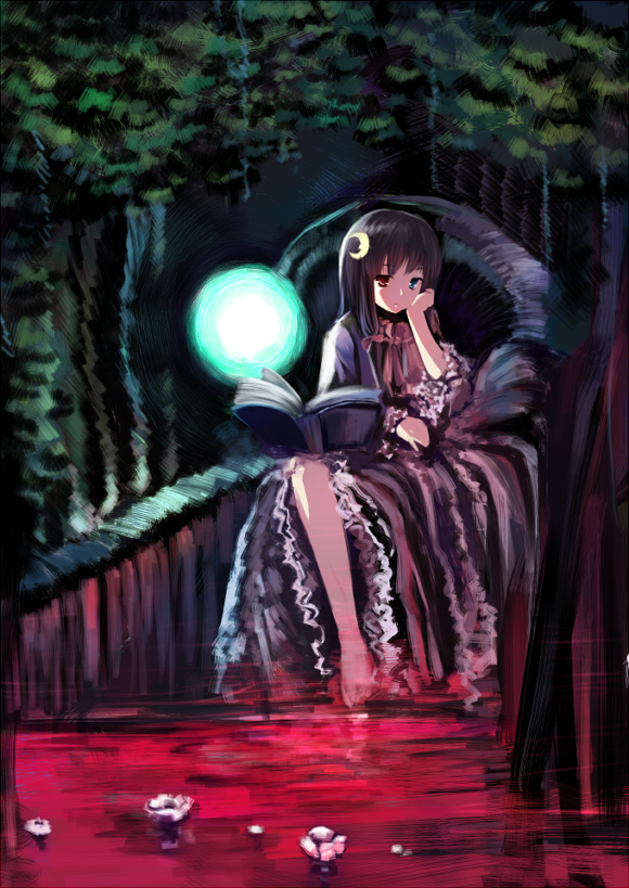 cofepig, patchouli knowledge, touhou, bad id, bad pixiv id, 1girl, barefoot, book, crescent, crescent hair ornament, crescent moon, female focus, glowing, hair ornament, head rest, heterochromia, moon, no headwear, purple hair, sitting, soaking feet, solo, water
