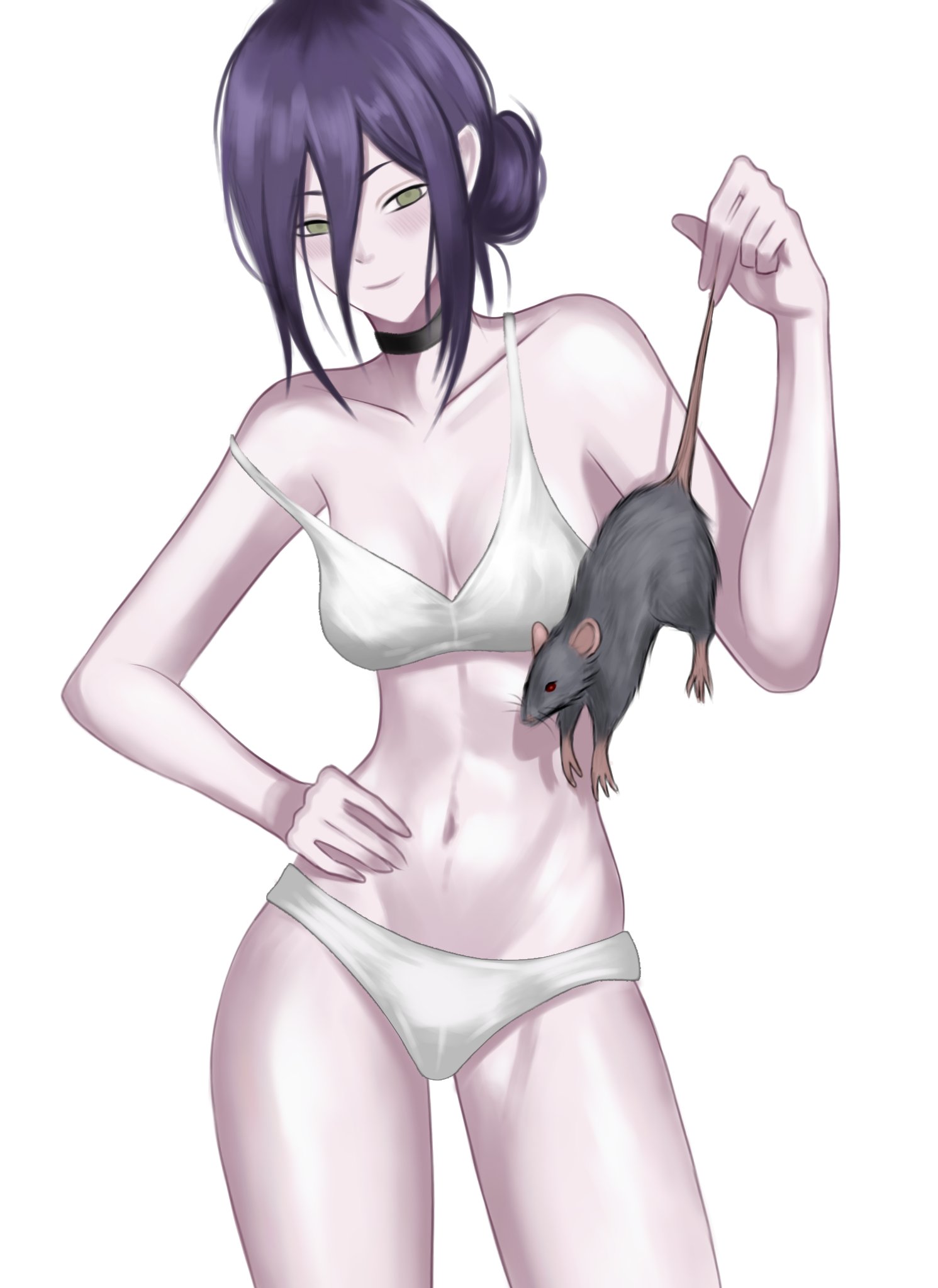 chainsaw man, highres, 1girl, animal, black choker, bra, breasts, choker, green eyes, hair between eyes, hair bun, hand on own hip, holding, holding animal, medium breasts, mouse (animal), navel, panties, pcharlesart, purple hair, simple background, solo, underwear, white background, white bra, white panties