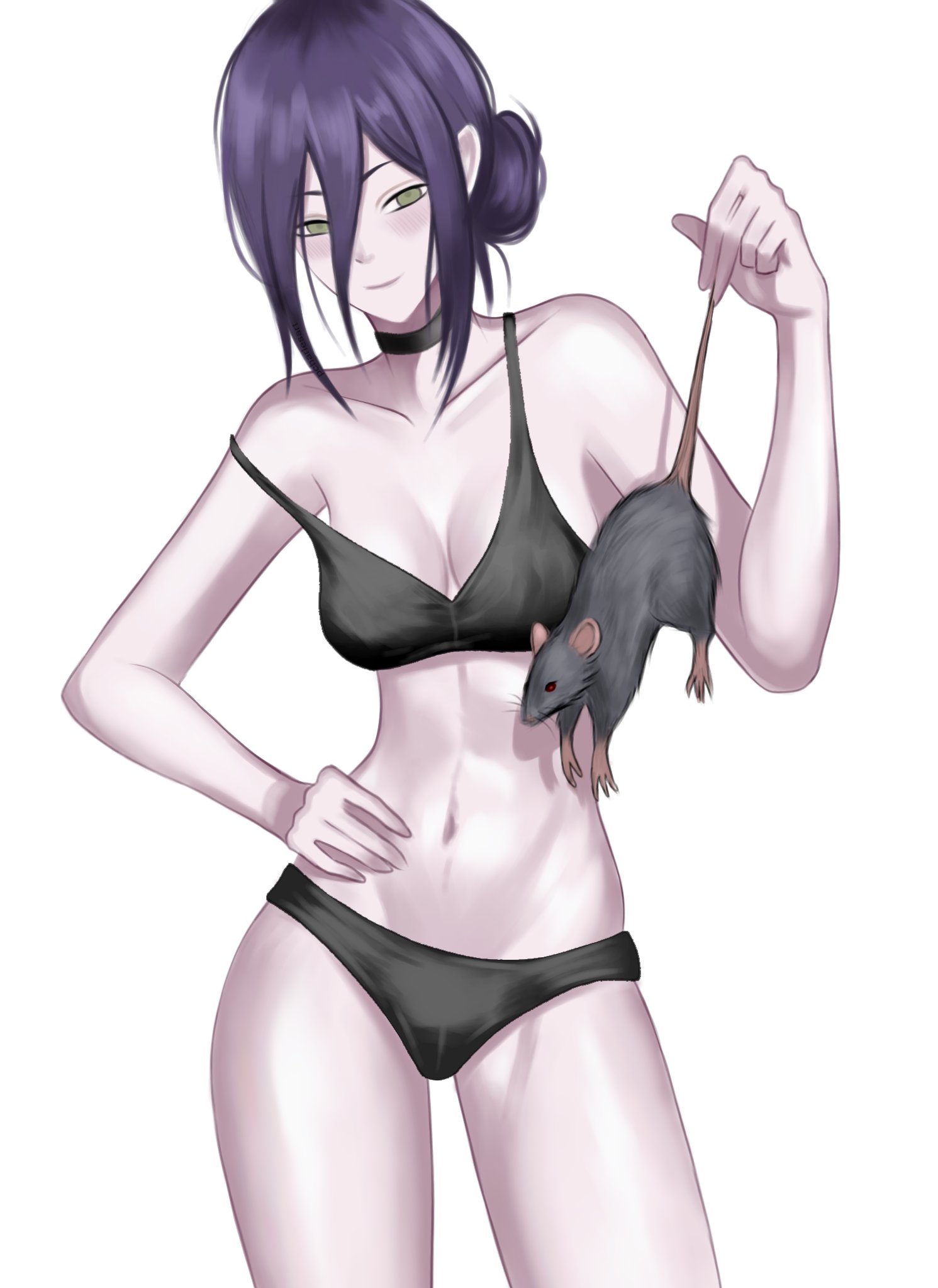 chainsaw man, highres, 1girl, animal, black bra, black choker, black panties, bra, breasts, choker, green eyes, hair between eyes, hair bun, hand on own hip, holding, holding animal, medium breasts, mouse (animal), navel, panties, pcharlesart, purple hair, simple background, solo, underwear, white background