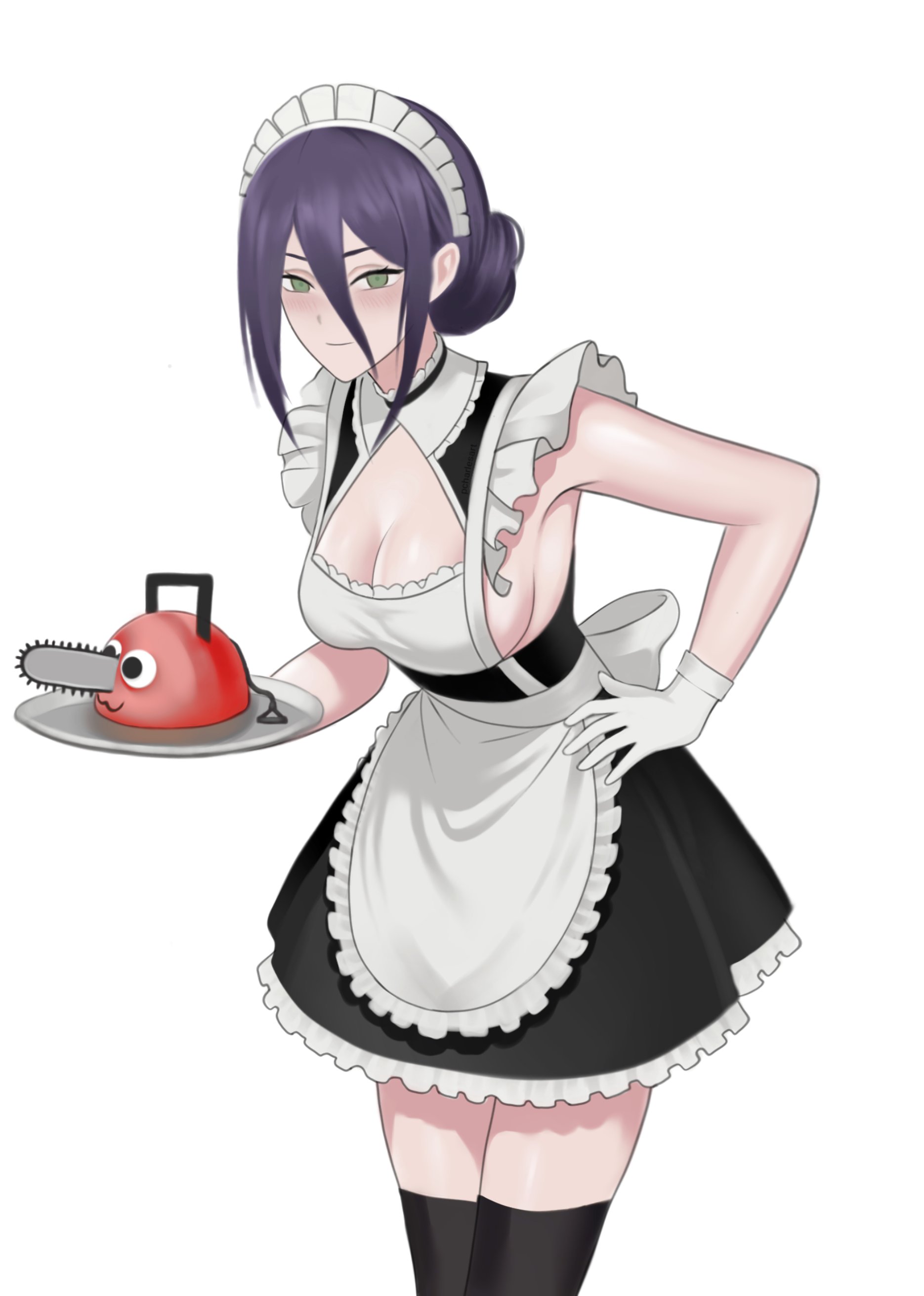 pochita (chainsaw man), reze (chainsaw man), chainsaw man, absurdres, highres, 1girl, alternate costume, apron, black skirt, black thighhighs, breasts, cleavage, enmaided, gloves, green eyes, hair bun, holding, holding tray, large breasts, maid, maid apron, maid headdress, medium breasts, pcharlesart, purple hair, sideboob, simple background, skirt, solo, thighhighs, tray, white apron, white background, white gloves