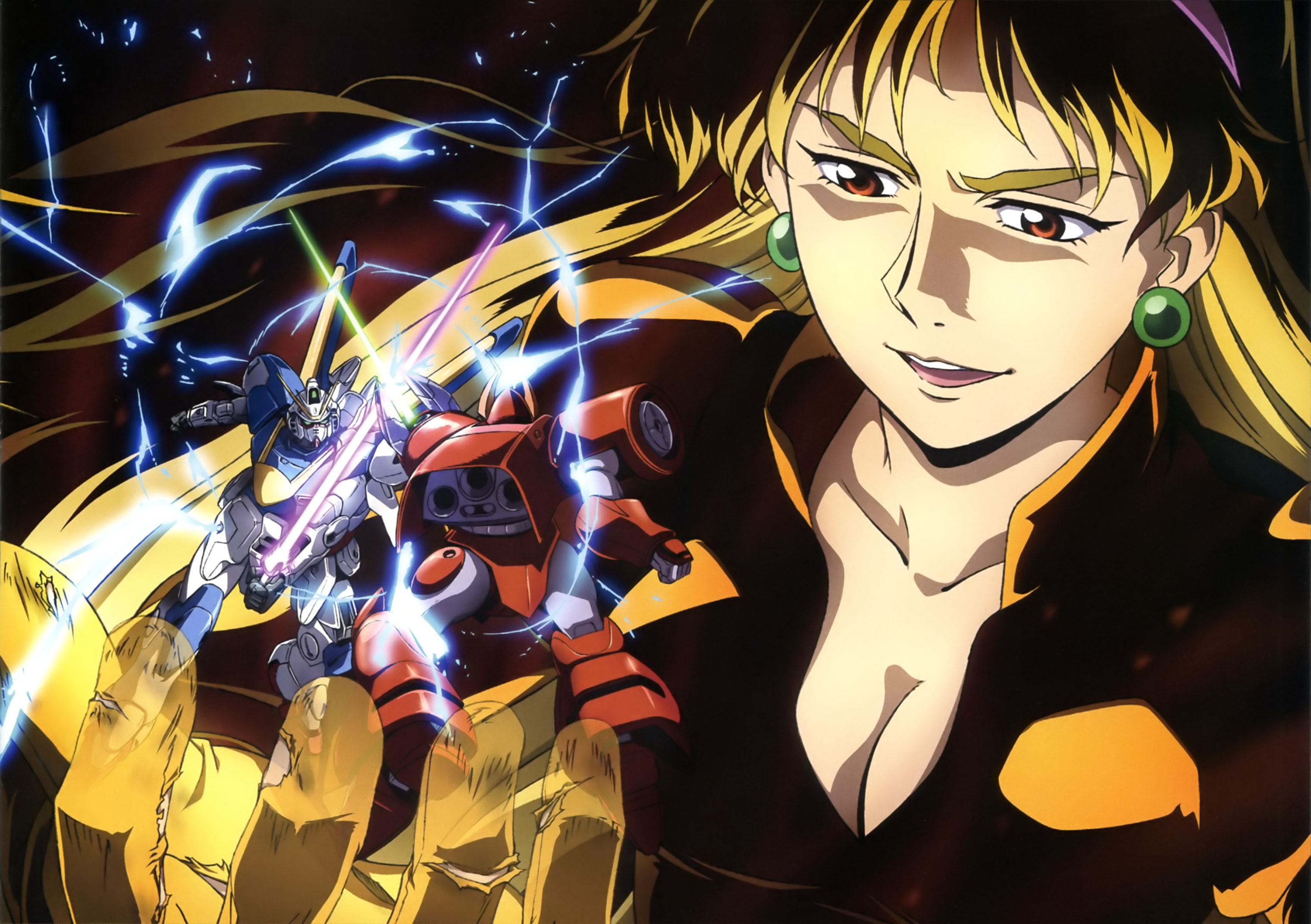 v2 gundam, gundam, victory gundam, artist request, highres, official art, scan, spoilers, 1990s (style), 1girl, battle, blonde hair, breasts, brown eyes, cleavage, duel, earrings, energy, energy sword, evil eyes, gundam perfect file, hairband, hologram, jewelry, machinery, mecha, mecha pilot suit, mobile suit, open mouth, retro artstyle, rig contio, robot, scene reference, science fiction, sword, tongue, torn clothes, weapon, zanscare
