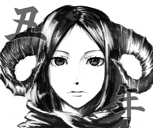 akitu kouta, original, 1girl, female focus, greyscale, horns, monochrome, short hair, solo