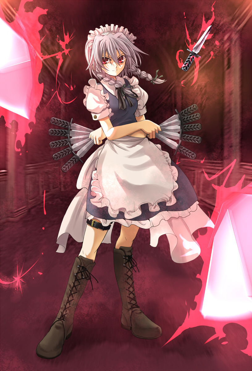 neko beretta, izayoi sakuya, touhou, silver hair, highres, 1girl, braid, female focus, knife, maid, red eyes, solo