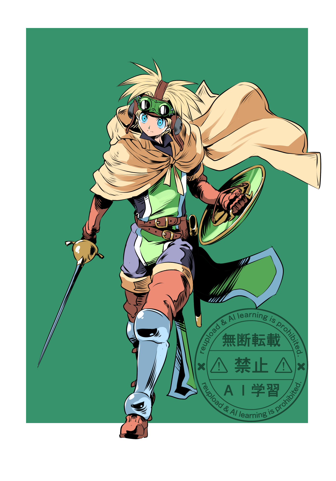 prince of samantoria, dragon quest, dragon quest ii, highres, 1boy, armored boots, aviator cap, aviator goggles, belt, black bodysuit, blonde hair, blue eyes, bodysuit, boots, border, brown belt, brown thighhighs, goggles, goggles on head, green background, green tabard, holding, holding shield, holding sword, holding weapon, male focus, mochimochinpoex, shield, short hair, solo, sword, tabard, thighhighs, weapon, white border, yellow cloak