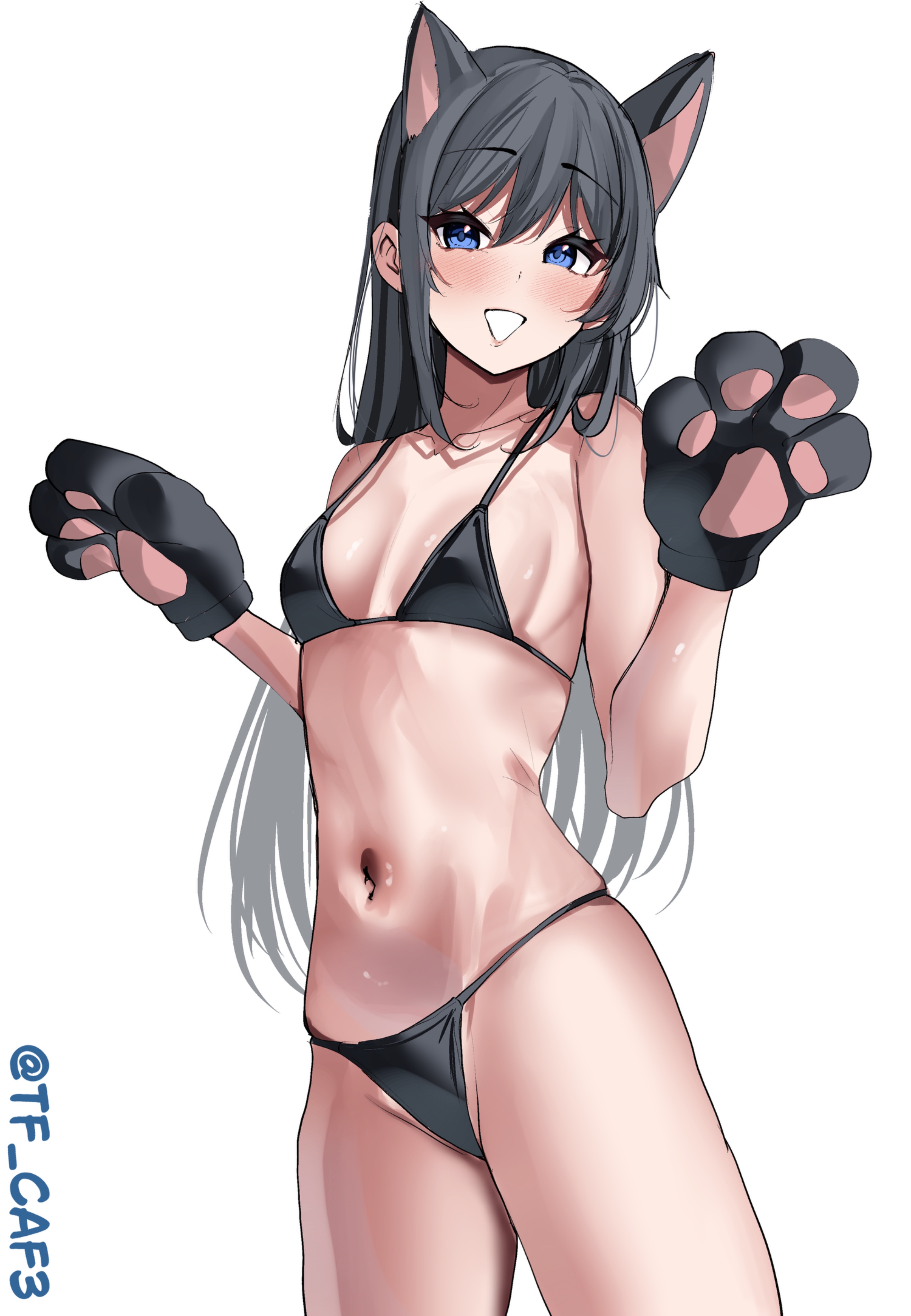 tf cafe, asashio (kancolle), kantai collection, absurdres, highres, 1girl, :d, alternate costume, animal ears, animal hands, bikini, black bikini, black hair, blue eyes, blush, breasts, cat ears, collarbone, cowboy shot, gloves, hair between eyes, long hair, looking at viewer, navel, one-hour drawing challenge, open mouth, paw gloves, sidelocks, simple background, skindentation, small breasts, smile, solo, standing, stomach, string bikini, swimsuit, twitter username, very long hair, white background