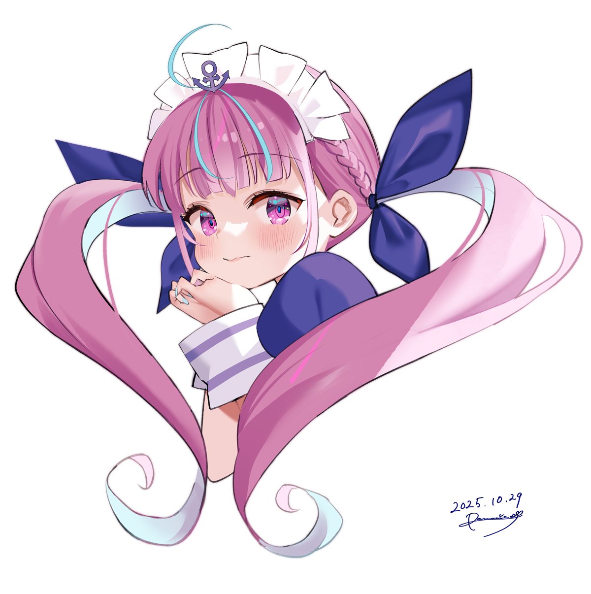 ramune (lamunepop), minato aqua, minato aqua (1st costume), hololive, commentary, hashtag-only commentary, highres, 1girl, ahoge, anchor hat ornament, anchor symbol, aqua hair, aqua nails, blue dress, blue ribbon, blush, braid, closed mouth, curly hair, dated, dress, fingernails, hair ribbon, hat ornament, heart, heart-shaped hair, long hair, looking at viewer, maid, maid headdress, multicolored hair, nail polish, pink eyes, pink hair, pink lips, ribbon, signature, simple background, solo, streaked hair, twintails, two-tone hair, virtual youtuber, white background, white wrist cuffs, wrist cuffs