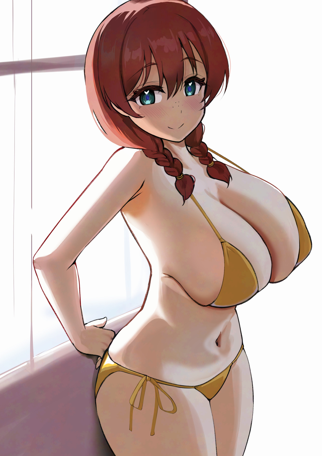 pisagi, emma verde, love live!, love live! nijigasaki high school idol club, highres, 1girl, bare arms, bikini, blue eyes, blush, braid, breasts, brown hair, cleavage, collarbone, freckles, hair between eyes, hair over shoulder, heart, heart-shaped pupils, huge breasts, long hair, looking at viewer, low twin braids, navel, side-tie bikini bottom, sidelocks, simple background, skindentation, smile, solo, standing, swimsuit, symbol-shaped pupils, thighs, twin braids, white background, window, yellow bikini