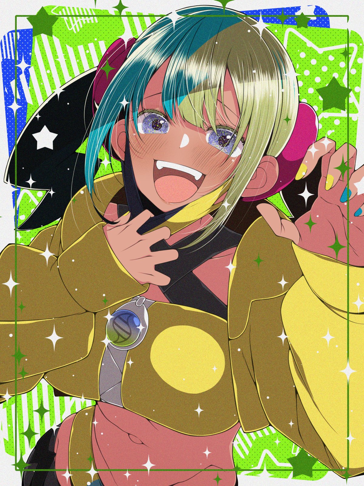 fujiwara hiro (kaede ciao), canari (pokemon), nintendo, pokemon, pokemon legends: z-a, highres, 1girl, aqua hair, black mask, blonde hair, blue eyes, breasts, dark-skinned female, dark skin, jacket, long sleeves, looking at viewer, mask, mask pull, mouth mask, multicolored hair, navel, open mouth, short twintails, solo, split-color hair, twintails, two-tone hair, two-tone mask, upper body, yellow jacket, yellow mask