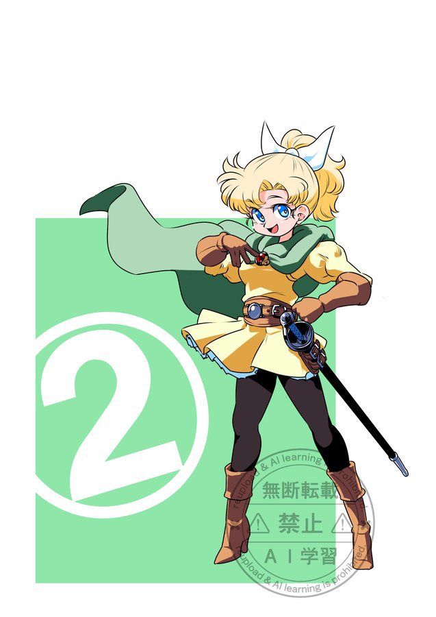 princess of samantoria, dragon quest, dragon quest ii, 1girl, belt, black pantyhose, blonde hair, blue eyes, boots, border, breasts, brown belt, brown boots, cloak, dress, full body, gem, green background, green cloak, hair ribbon, hand on own chest, hand on own hip, juliet sleeves, long hair, long sleeves, looking at viewer, medium breasts, mochimochinpoex, open mouth, pantyhose, parted bangs, ponytail, puffy sleeves, red gemstone, ribbon, short dress, smile, solo, standing, sword, weapon, white border, white ribbon, yellow dress
