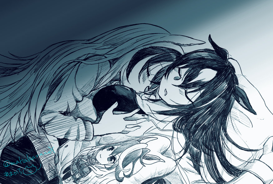 mahakara, sirius symboli (umamusume), symboli rudolf (umamusume), umamusume, commentary request, 2girls, animal ears, blush, breasts, closed eyes, cuddling, grabbing another's breast, greyscale, groping, horse ears, horse girl, large breasts, long hair, lying on person, monochrome, multiple girls, parted lips, sleeping, sleeping on person, yuri