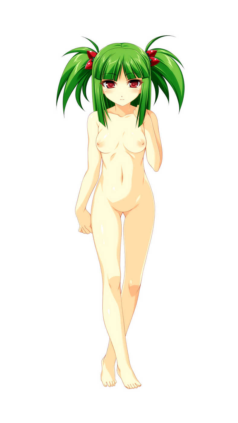 kinoshita ichi, hishimiya tsugaru, beatmania iidx, bemani, highres, 1girl, barefoot, blush, breasts, collarbone, crossed legs, feet, female focus, food, fruit, full body, green hair, hip focus, legs, long hair, looking at viewer, navel, nipples, no pussy, nude, omitted bits, red eyes, short hair, simple background, small breasts, smile, solo, standing, strawberry, toes, twintails, white background