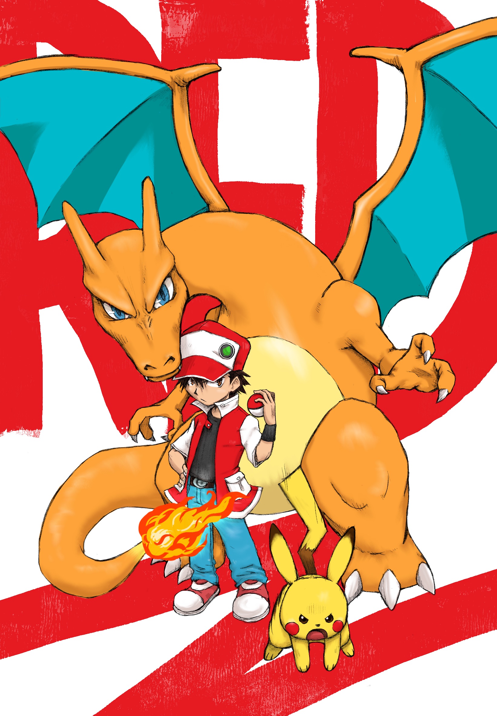 charmander, pikachu, red (pokemon), nintendo, pokemon, highres, 1boy, black hair, gen 1 pokemon, poke ball