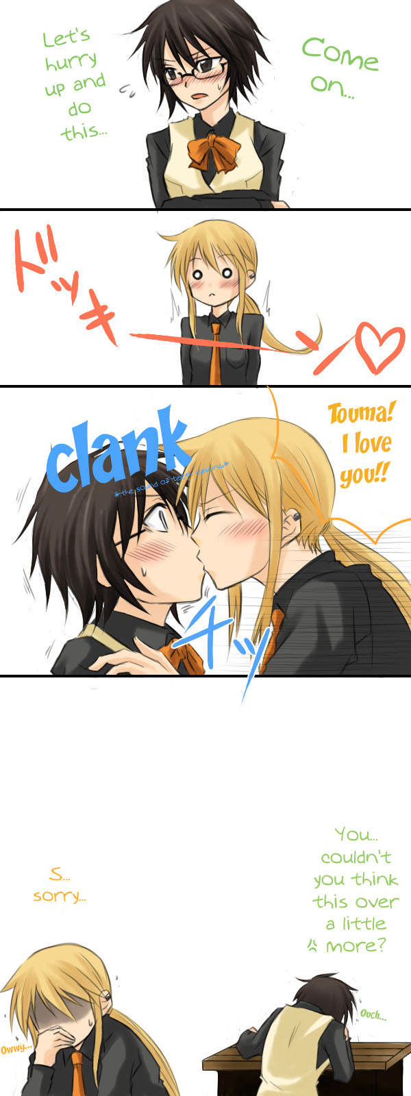 aira (endless5515), kageyama torako, kazamatsuri touma, hyakko, highres, translated, 00s, 2girls, 4koma, blonde hair, blush, brown hair, comic, earrings, glasses, jewelry, kiss, long hair, multiple girls, o o, ponytail, short hair, yuri