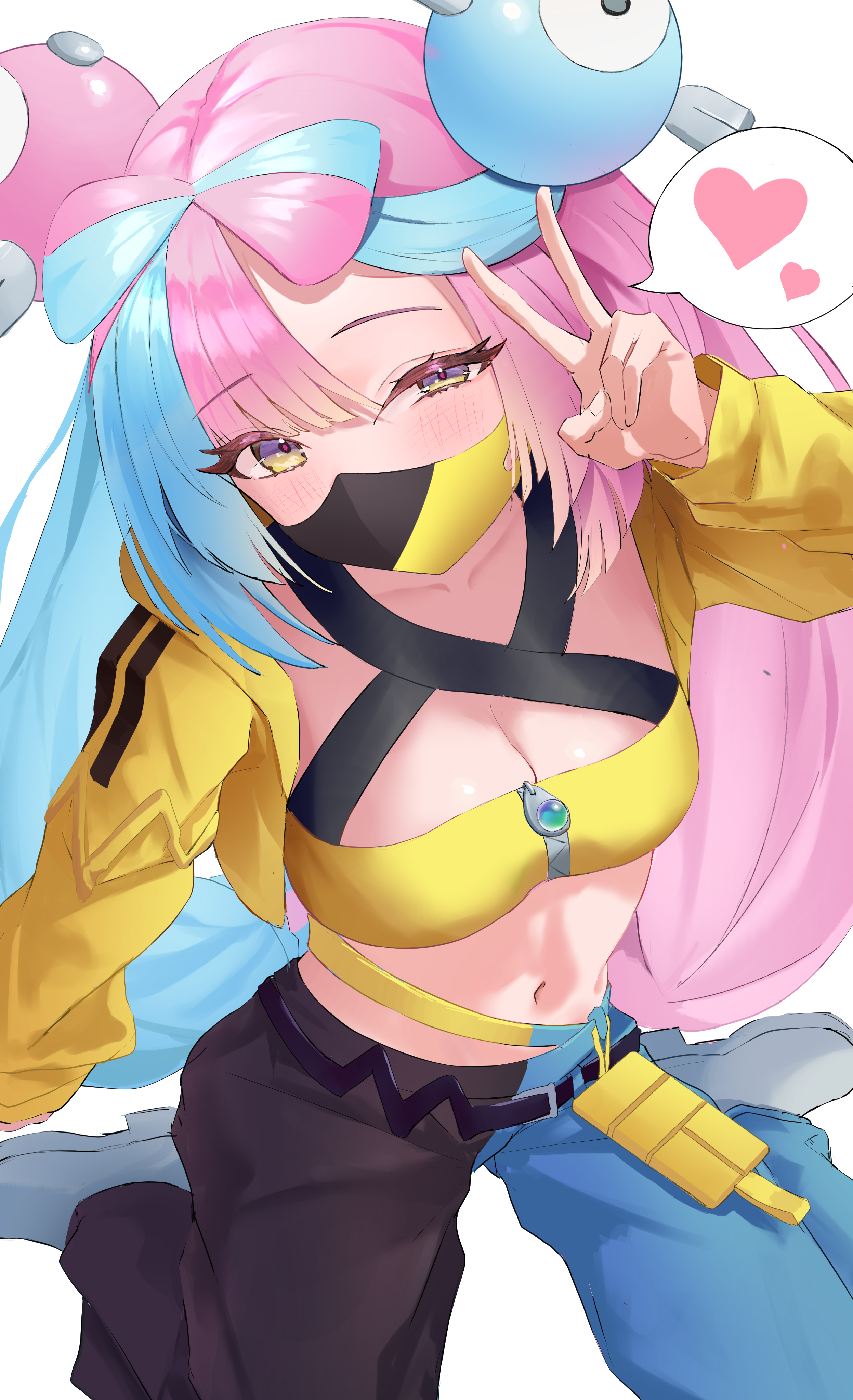 gusa, canari (pokemon), iono (pokemon), nintendo, pokemon, pokemon legends: z-a, pokemon sv, absurdres, highres, 1girl, belt, black belt, black mask, black pants, blue hair, blue pants, blush, bow-shaped hair, breasts, canari (pokemon) (cosplay), character hair ornament, collarbone, cosplay, covered mouth, double bun, fake hair bun, grey shoes, hair bun, hair ornament, heart, jacket, large breasts, long hair, long sleeves, looking at viewer, mask, mouth mask, multicolored eyes, multicolored hair, navel, open clothes, open jacket, pants, pink hair, shoes, simple background, sitting, solo, split-color clothes, split-color hair, spoken heart, stomach, strapless, tube top, two-tone eyes, two-tone hair, two-tone mask, two-tone pants, v, wariza, white background, yellow eyes, yellow jacket, yellow mask, yellow tube top, zipper, zipper pull tab