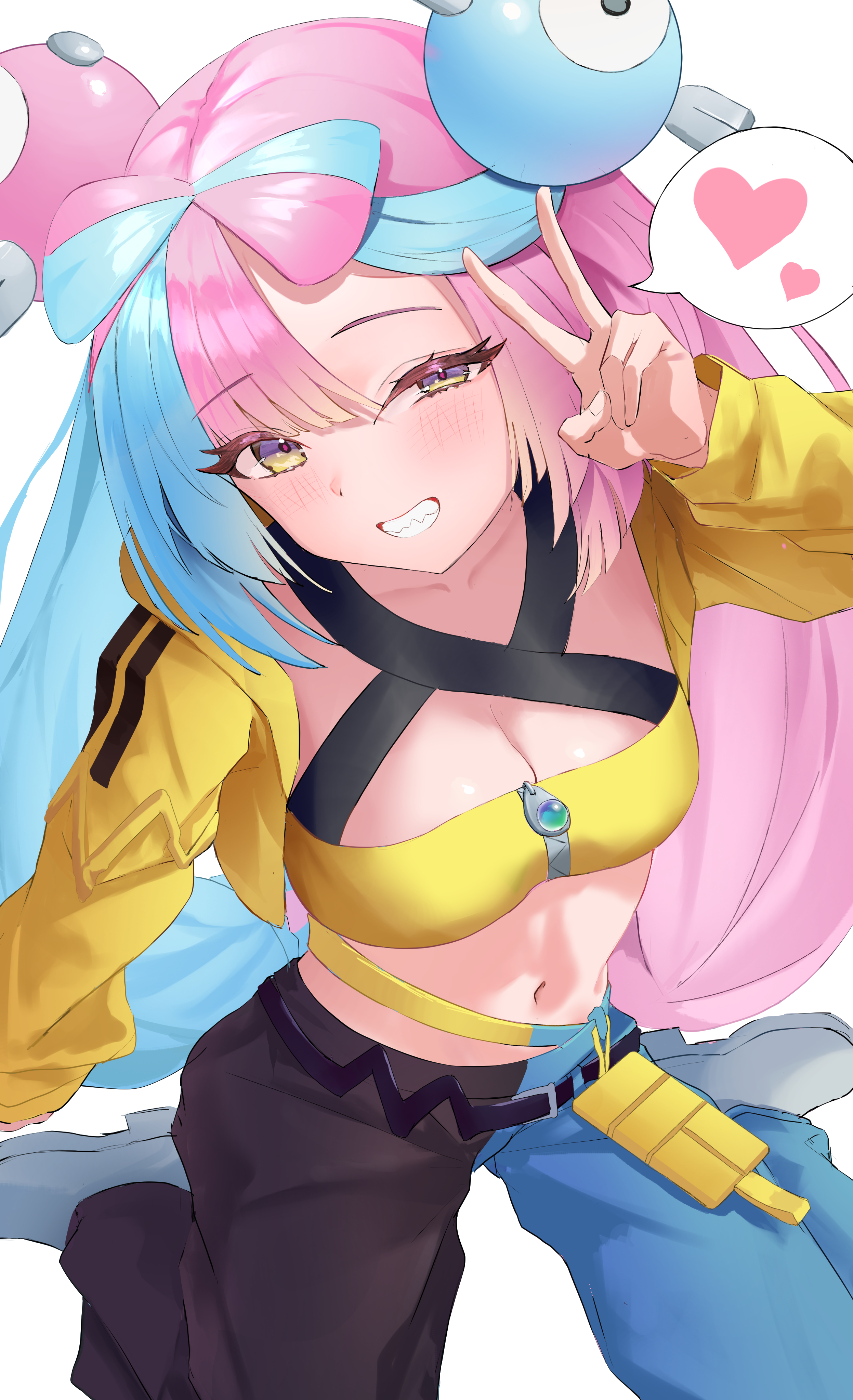 gusa, canari (pokemon), iono (pokemon), nintendo, pokemon, pokemon legends: z-a, pokemon sv, absurdres, highres, 1girl, belt, black belt, black pants, blue hair, blue pants, blush, bow-shaped hair, breasts, canari (pokemon) (cosplay), character hair ornament, collarbone, cosplay, double bun, fake hair bun, grey shoes, grin, hair bun, hair ornament, heart, jacket, large breasts, long hair, long sleeves, looking at viewer, multicolored eyes, multicolored hair, navel, open clothes, open jacket, pants, pink hair, sharp teeth, shoes, simple background, sitting, smile, solo, split-color clothes, split-color hair, spoken heart, stomach, strapless, teeth, tube top, two-tone eyes, two-tone hair, two-tone pants, v, wariza, white background, yellow eyes, yellow jacket, yellow tube top, zipper, zipper pull tab