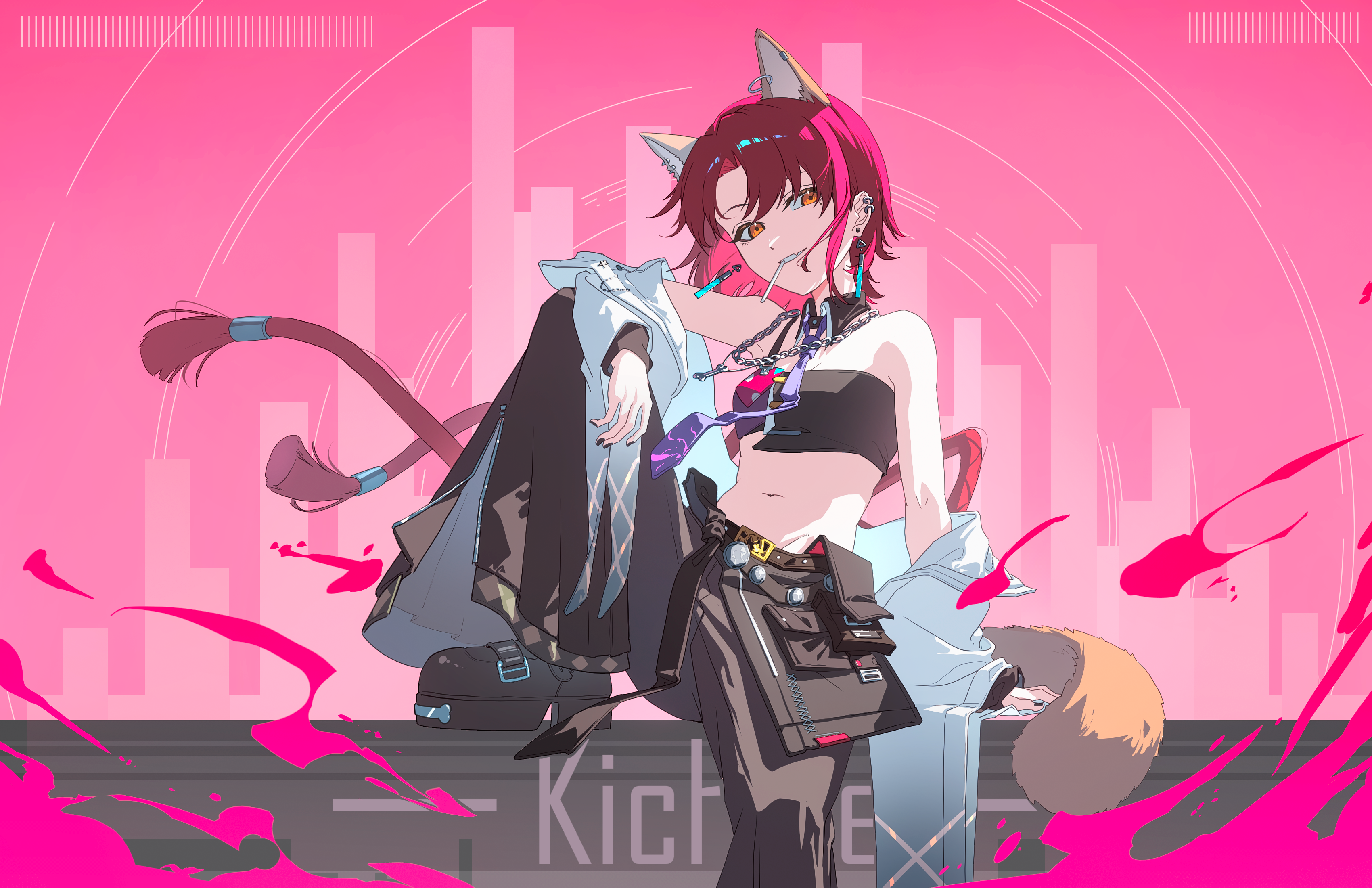 enoharatoki, kichisei (arknights), arknights, absurdres, chinese commentary, commentary, highres, 1girl, animal ear piercing, animal ears, bandeau, bare shoulders, black bandeau, black nails, black pants, black shoes, chain, chain necklace, character name, ear piercing, earrings, fingernails, foot out of frame, hair intakes, jewelry, long hair, looking at viewer, midriff, mouth hold, nail polish, navel, necklace, orange eyes, pants, piercing, pink background, pink hair, shoes, sitting, smile, solo, strapless