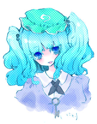 miri, miri (tobira no mukou), kawashiro nitori, touhou, lowres, traditional media, 1girl, blue eyes, blue hair, colored eyelashes, eyelashes, female focus, gradient hair, hair bobbles, hair ornament, hat, key, matching hair/eyes, multicolored hair, solo, twintails, two side up, upper body
