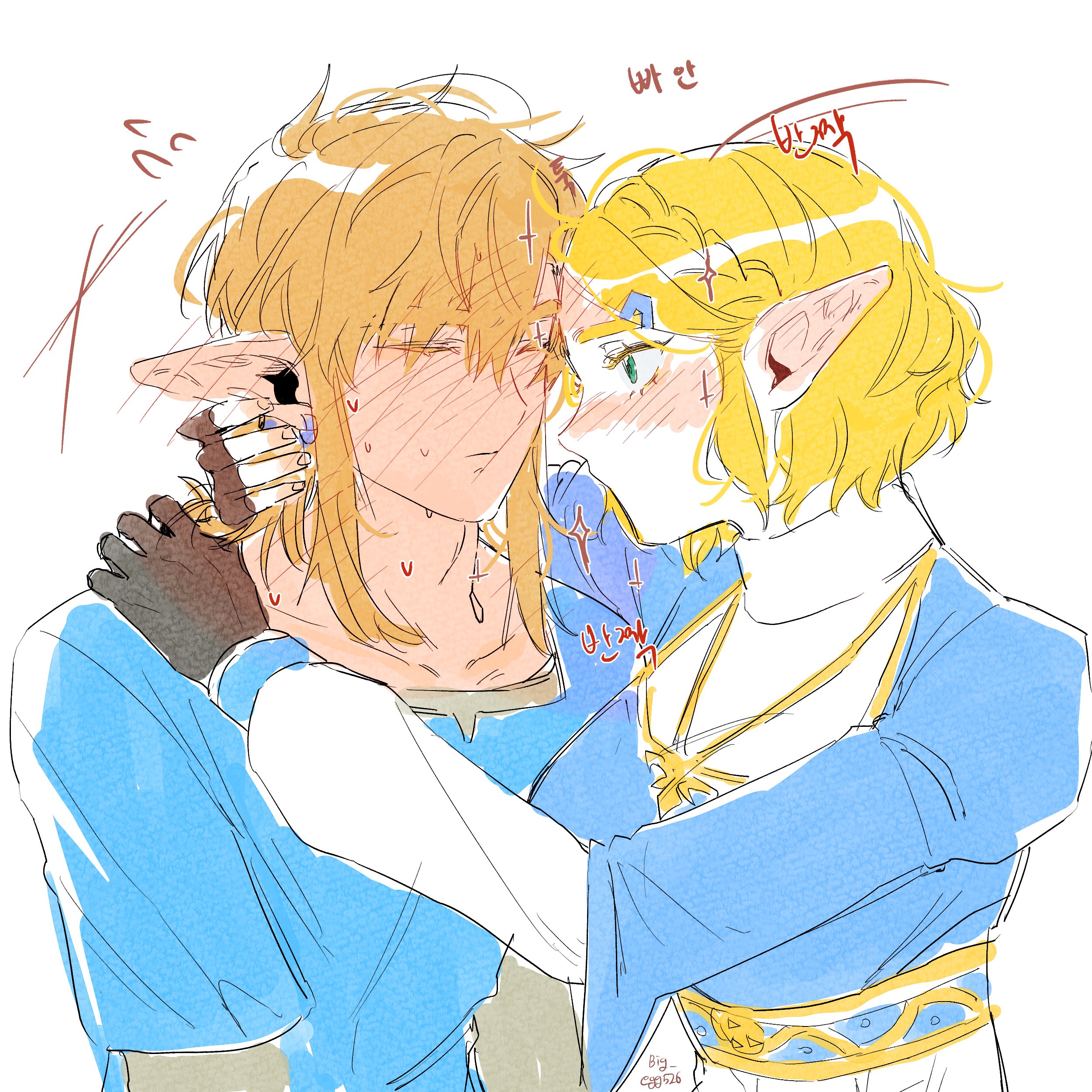 big egg526, link, princess zelda, nintendo, the legend of zelda, the legend of zelda: breath of the wild, absurdres, highres, 1boy, 1girl, arms around neck, black gloves, blonde hair, blue shirt, blue tunic, blush, braid, breasts, closed eyes, crown braid, earrings, fingerless gloves, flying sweatdrops, gloves, gold trim, green eyes, grey shirt, hair between eyes, hand in another's hair, jewelry, layered sleeves, looking at another, medium breasts, medium hair, parted bangs, poi, shirt, short hair, sidelocks, sketch, sweatdrop, tunic, upper body, white background