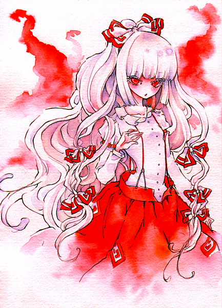 miri, miri (tobira no mukou), fujiwara no mokou, touhou, silver hair, painting (medium), traditional media, watercolor (medium), 1girl, bow, colored eyelashes, eyelashes, female focus, hair bow, hair ribbon, long hair, long sleeves, multiple hair bows, no nose, red eyes, ribbon, solo, suspenders, very long hair