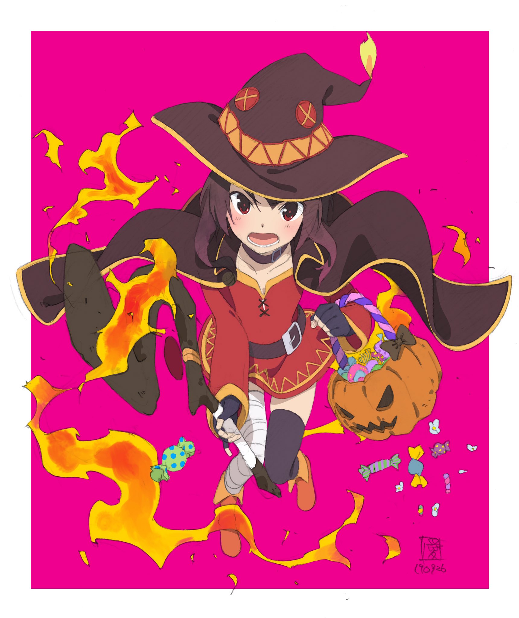 taguchi eri, megumin, kono subarashii sekai ni shukufuku wo!, highres, 1girl, bandaged leg, bandages, black hair, black thighhighs, candy, cape, dress, fingerless gloves, food, gloves, halloween, halloween bucket, hat, holding, holding staff, jack-o'-lantern, long hair, looking at viewer, open mouth, red dress, solo, staff, thighhighs, witch hat