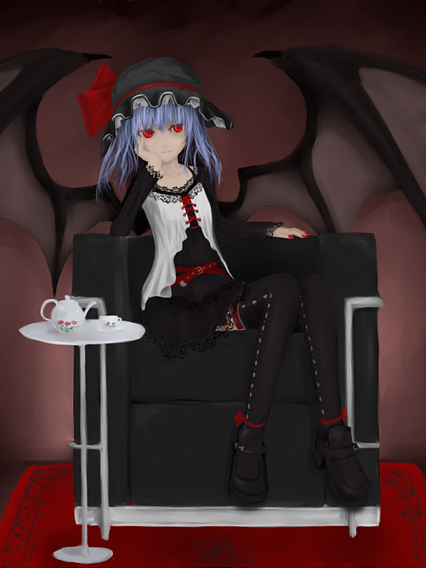 clavis, remilia scarlet, touhou, 1girl, bat wings, belt, black hat, blue hair, cup, female focus, glowing, glowing eyes, goth fashion, hat, red eyes, skirt, solo, staring, teacup, teapot, wings