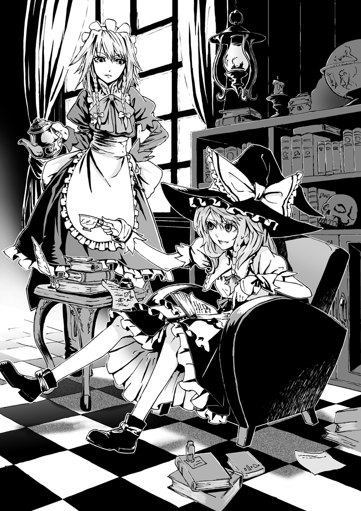 akitu kouta, izayoi sakuya, kirisame marisa, touhou, 2girls, book, braid, cup, female focus, greyscale, hairband, hat, monochrome, multiple girls, short hair, teacup, teapot, twin braids, witch, witch hat