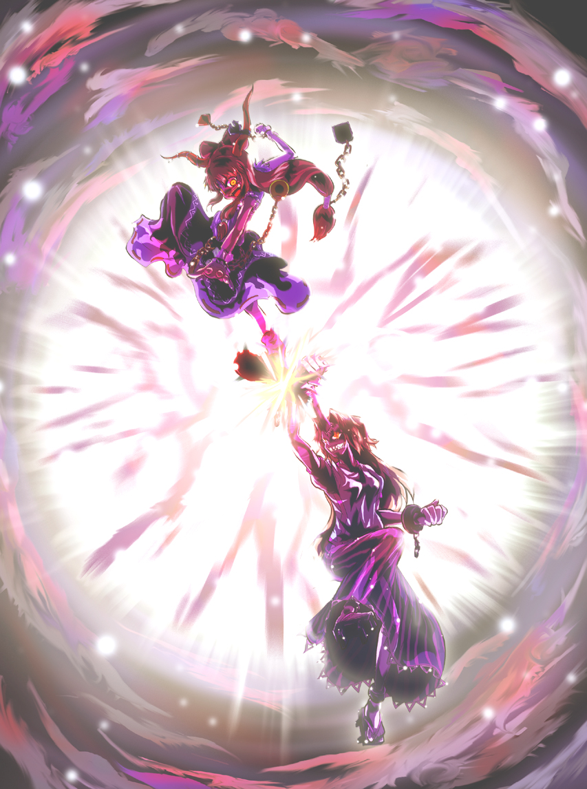 yutarou, hoshiguma yuugi, ibuki suika, touhou, 2girls, battle, chain, epic, female focus, horns, kicking, long hair, multiple girls, orange eyes, single horn