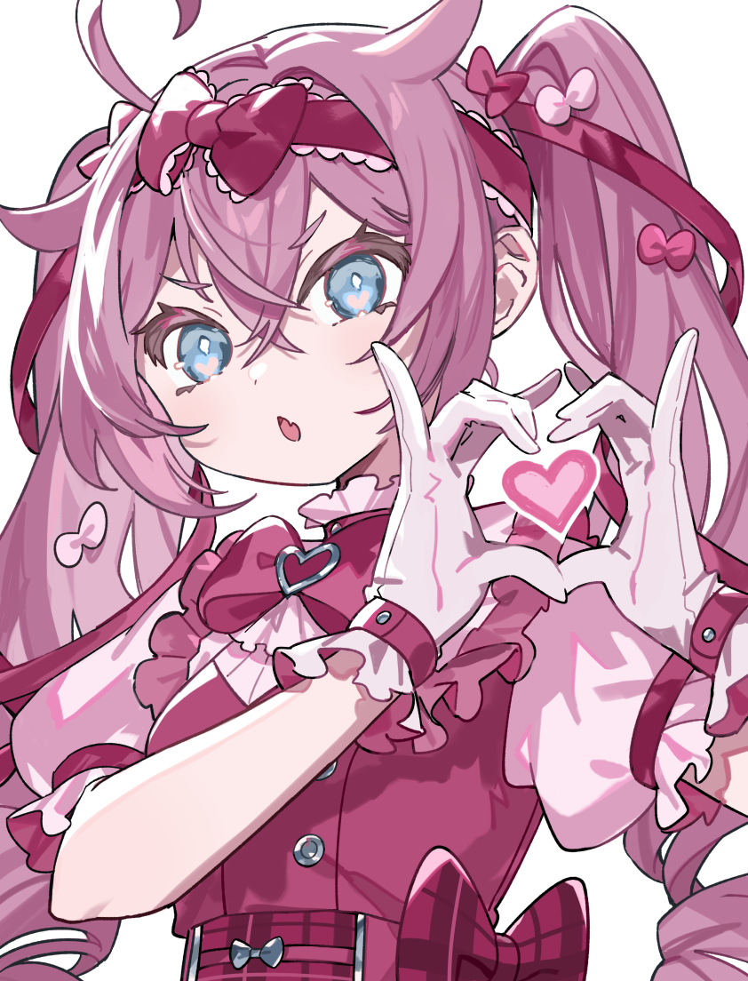 kanyoko (yuzukano 17), original, commentary request, 1girl, :o, ahoge, blue eyes, blue ribbon, crossed bangs, flipped hair, four-finger heart hands, gloves, hair ribbon, heart, heart hands, heart in heart hands, long hair, looking at viewer, pink hair, pink ribbon, pink shirt, puffy short sleeves, puffy sleeves, red vest, ribbon, shirt, short sleeves, simple background, upper body, very long hair, vest, white background, white gloves