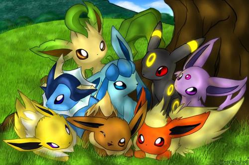 eevee, espeon, flareon, jolteon, leafeon, umbreon, vaporeon, nintendo, pokemon, lowres, gen 1 pokemon, gen 2 pokemon, gen 4 pokemon, grass, pokemon (creature), tree