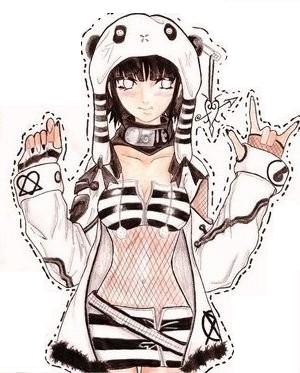 caramelpears, hyuuga hinata, long nails, naruto, lowres, beanie, blush, breasts, cleavage, fishnets, hat, jacket, nail polish, safety pin, skirt, white eyes