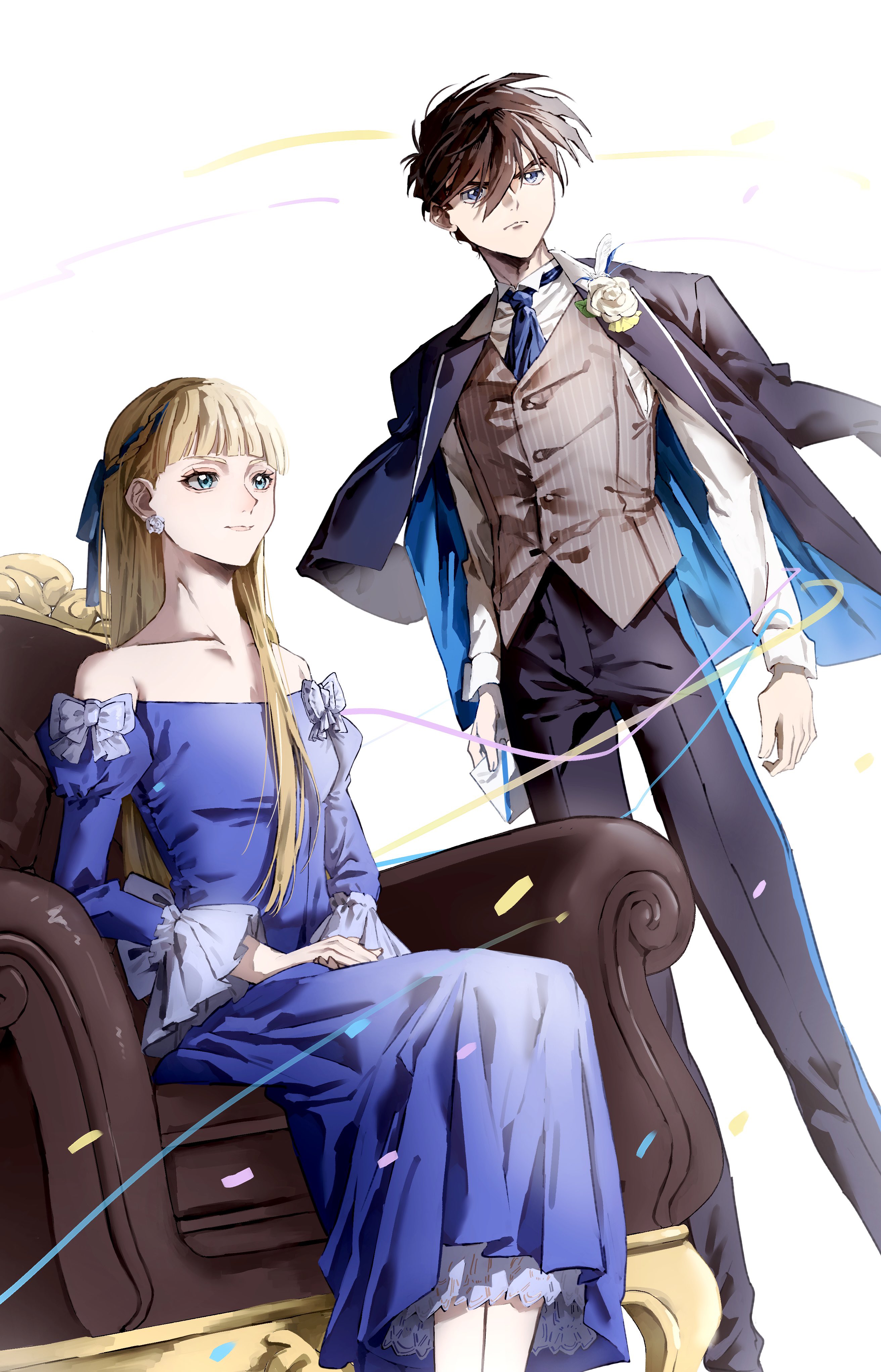 heero yuy, relena peacecraft, gundam, gundam wing, absurdres, commentary, english commentary, highres, 1boy, 1girl, bare shoulders, black jacket, black pants, blonde hair, blue dress, blue eyes, blue necktie, blue ribbon, blunt ends, braid, breasts, brown hair, collarbone, collared shirt, confetti, corsage, dress, earrings, feet out of frame, flower, grey vest, hair between eyes, hair ribbon, jacket, jacket on shoulders, jewelry, juliet sleeves, light frown, light smile, long dress, long sleeves, medium breasts, necktie, oekaki inochi, off-shoulder dress, off shoulder, pants, pinstripe pattern, pinstripe vest, puffy sleeves, ribbon, rose, shirt, short hair, side braid, sitting, standing, suit jacket, vest, waistcoat, white background, white flower, white rose, white shirt
