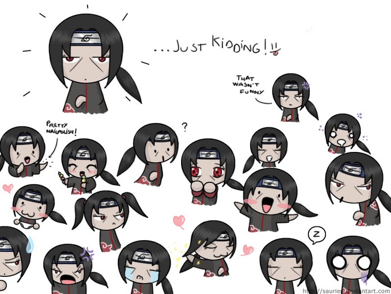 saurien, uchiha itachi, naruto (classic), naruto (series), 1boy, :3, ?, akatsuki (naruto), alternate costume, anger vein, angry, black hair, blush, blush stickers, chibi, cloak, closed eyes, crying, drooling, eating, english text, happy, headband, heart, male focus, multiple expressions, multiple views, o o, sad, smile, spoken letter, surprised, sweatdrop, tears, the many faces of, white background